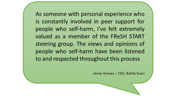 Quote from Jenny Groves, CEO of Battle Scars - As someone with personal experience who is constantly involved in peer support for people who self-harm, I've felt extremely valued as a member of the fresh start steering group. The views and opinions of people who self-harm have been listened to and respected through this process.